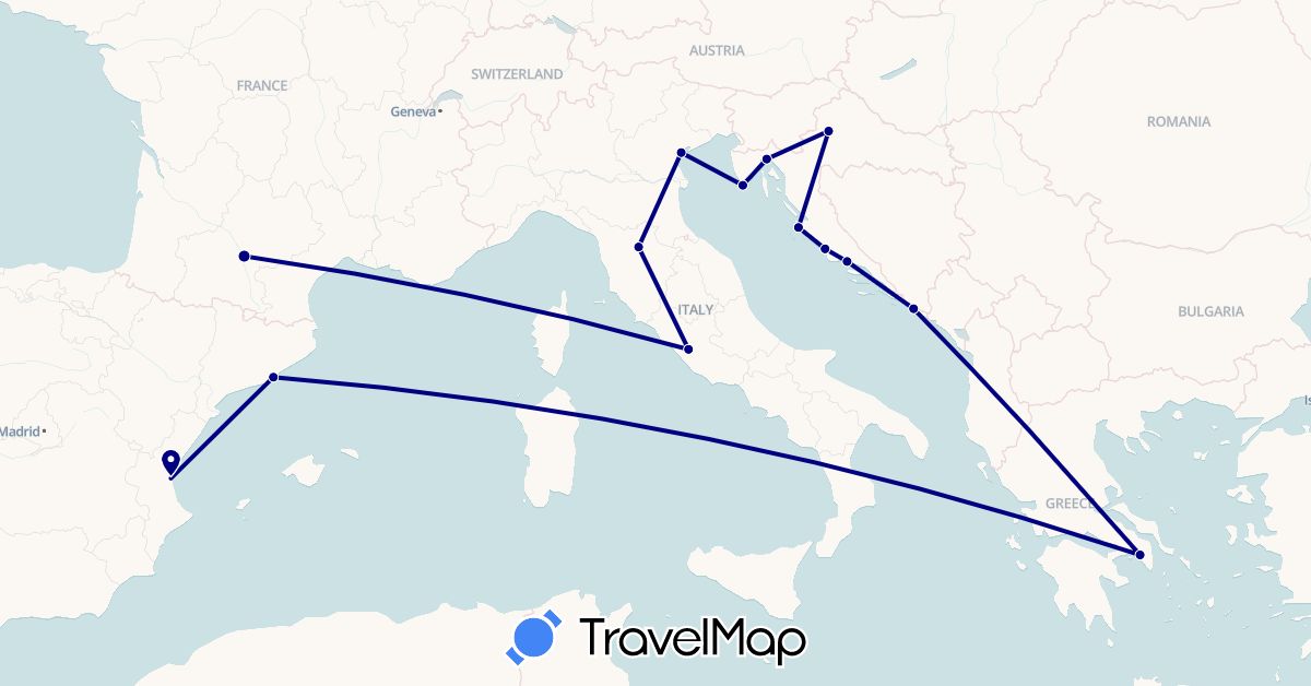TravelMap itinerary: driving in Spain, France, Greece, Croatia, Italy (Europe)